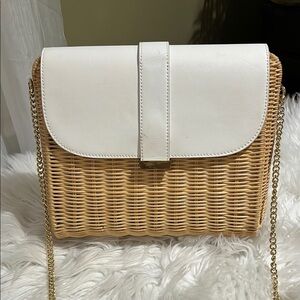 White and Tan Woven Crossbody Bag